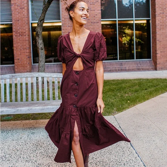 chinese dress ladies Women's Flowy Burgundy Red Maxi Dress + Embroidery main image 1